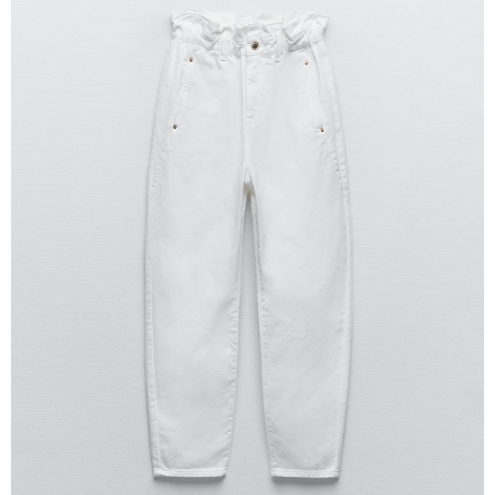 Zara - White Baggy Carrot Paperbag Elastic High-Waist Jeans Pant Size 38/6